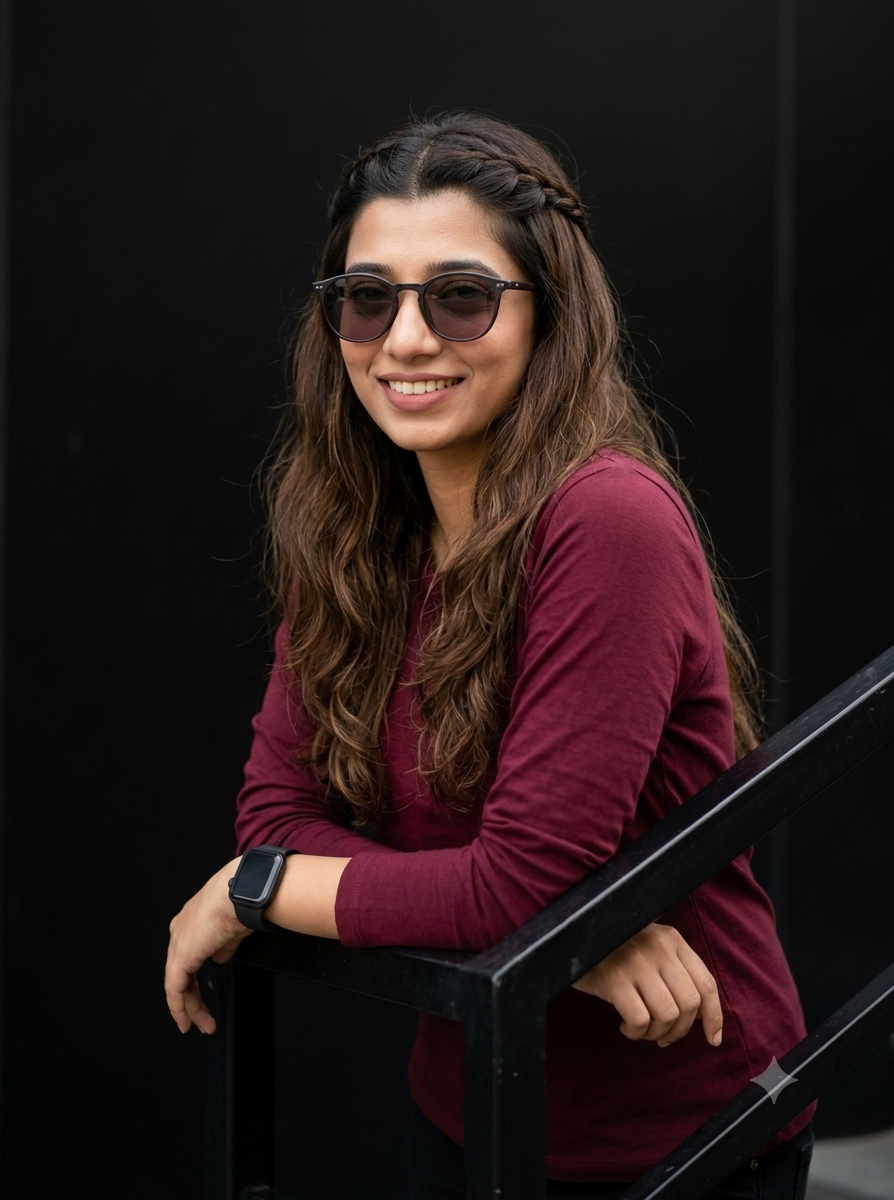 Cinematic Portrait of Girl in Maroon Shirt with Sunglasses | AI Image Prompt Original