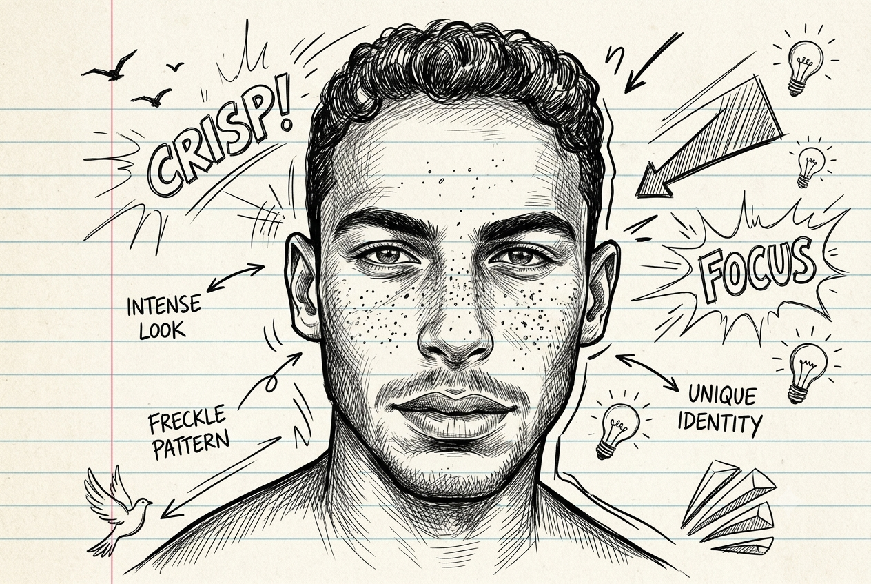 Hand-Drawn Pen Doodle Portrait on Notebook Paper AI Prompt Original