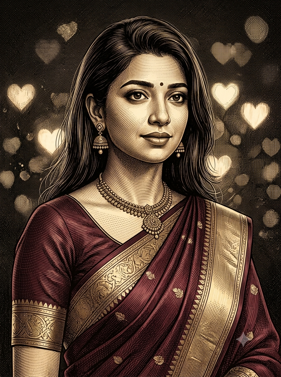 Ultra Detailed Vintage Engraving Portrait AI Image Prompt | Indian Saree Etching Art Original