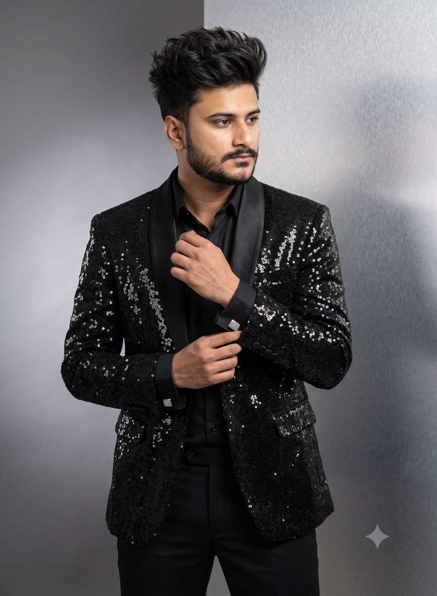 Luxury High-Fashion Studio Portrait in Black Sequin Jacket Editorial AI Promp Original