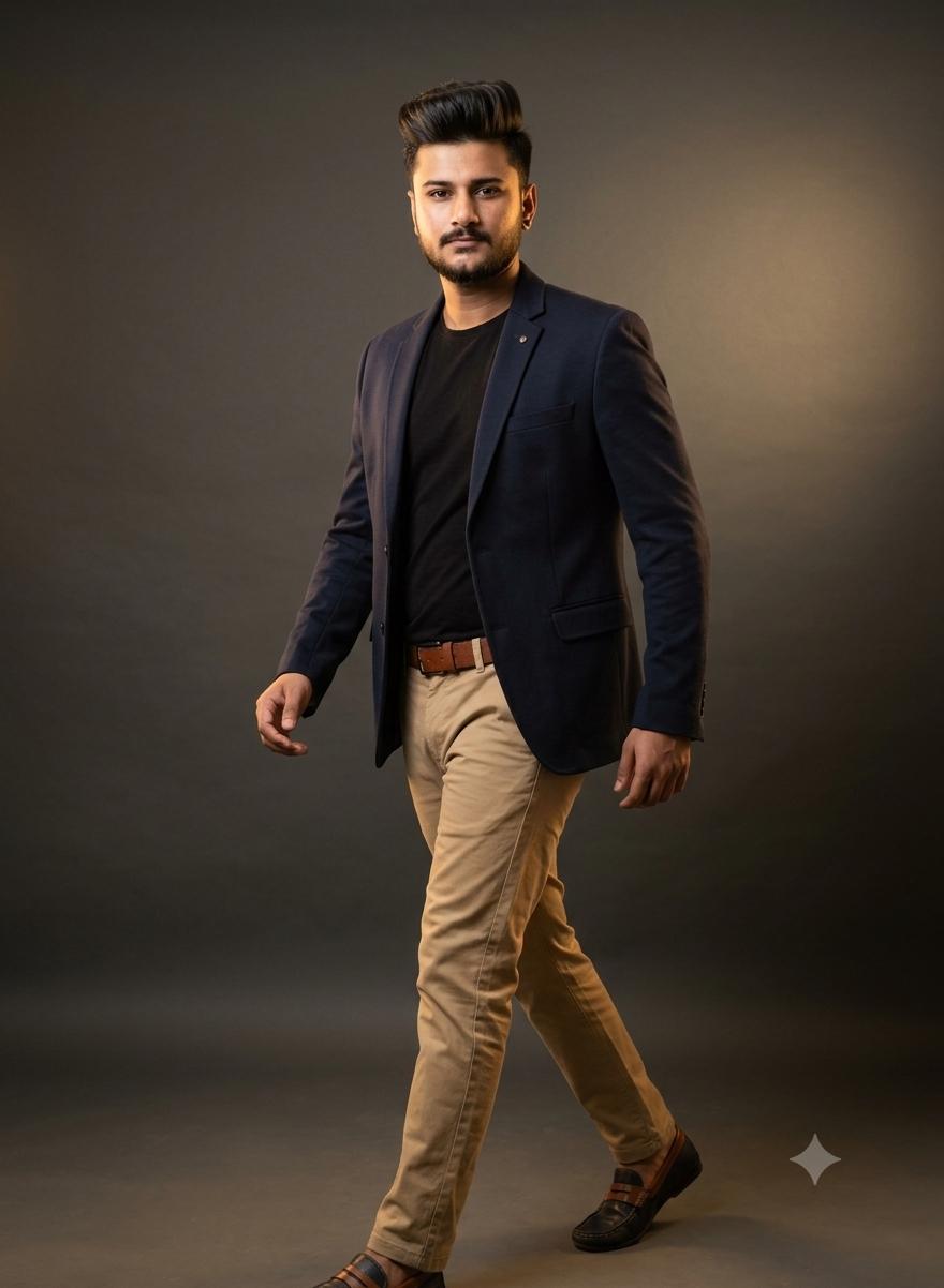 High-Fashion Editorial Studio Portrait in Navy Blazer with Golden Hour Lighting AI Prompt Original