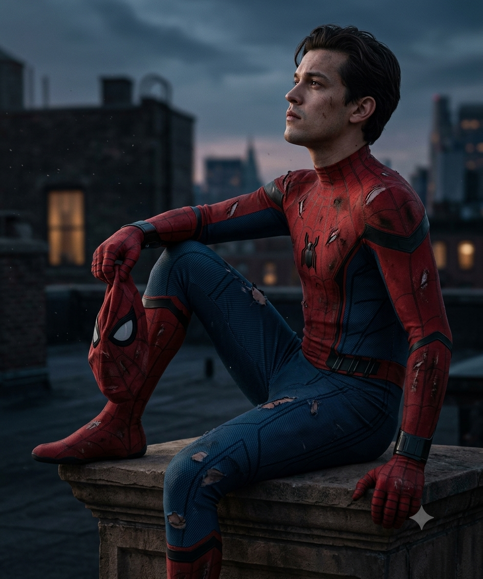 Cinematic Spider-Man Portrait in a Damaged Suit AI Image Prompt Original