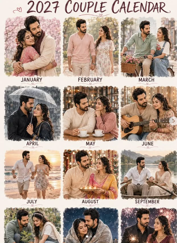 Ultra Realistic 2027 Romantic Couple Calendar Poster AI Prompt | 12 Monthly Cinematic Watercolor Scenes Original