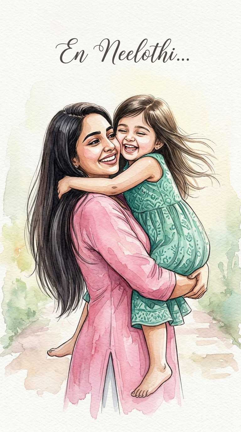 Watercolor Mother and Daughter Piggyback Portrait with Custom Text Original