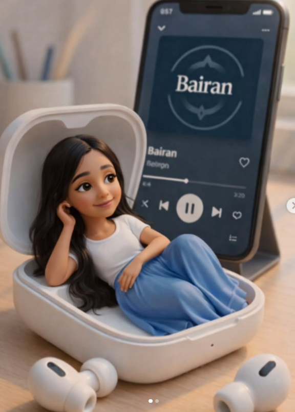 Cute 3D Miniature Girl Inside Wireless Earbuds Case | Pixar-Style AI Art Prompt Original