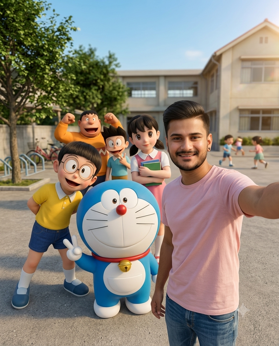 Ultra-Realistic Doraemon Gang Selfie in School Courtyard AI Prompt Original